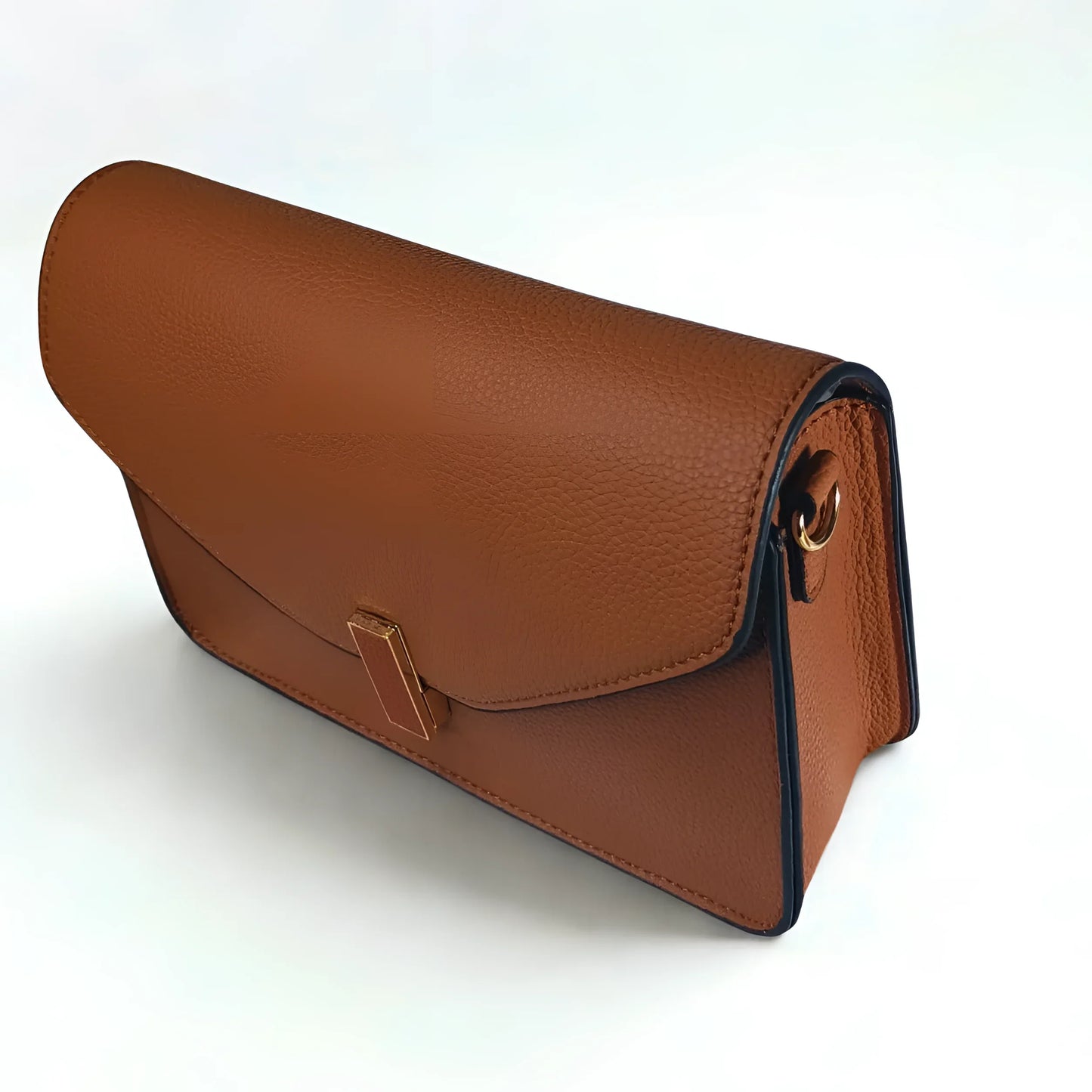 Brown leather handbag with gold accents on a white background