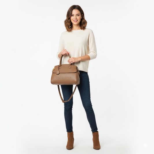Woman holding a brown handbag against a white background