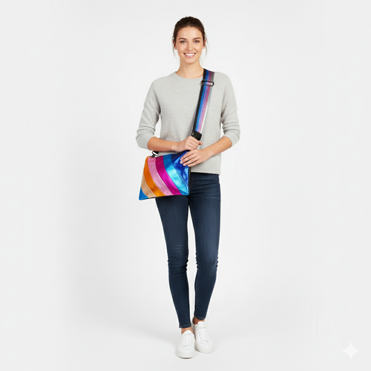 Woman holding a colorful bag with a white background