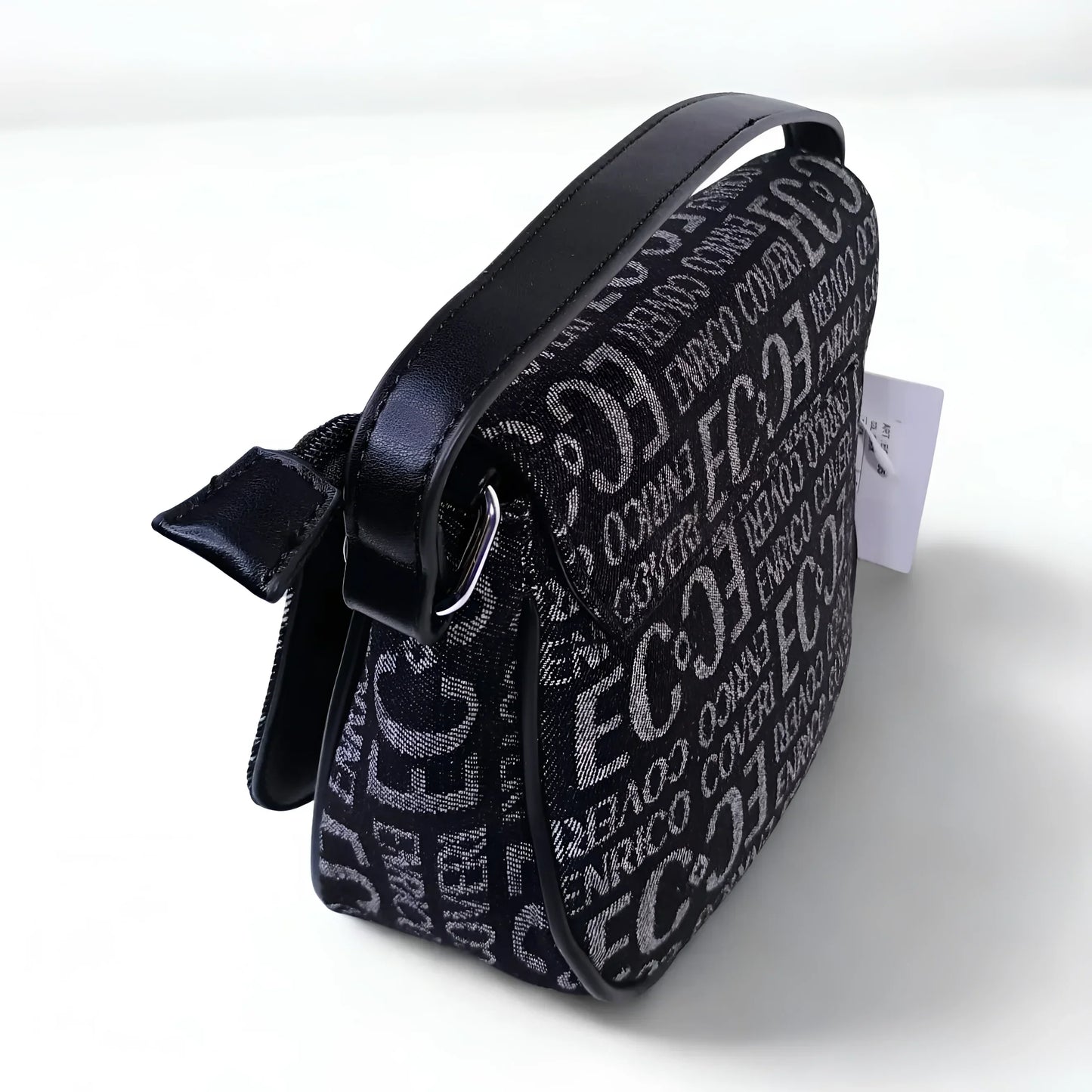 Black handbag with brand logo on a white background