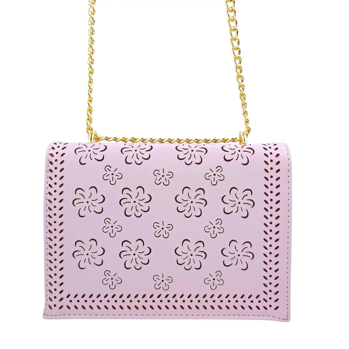 Pink handbag with floral patterns and a gold chain strap on a white background