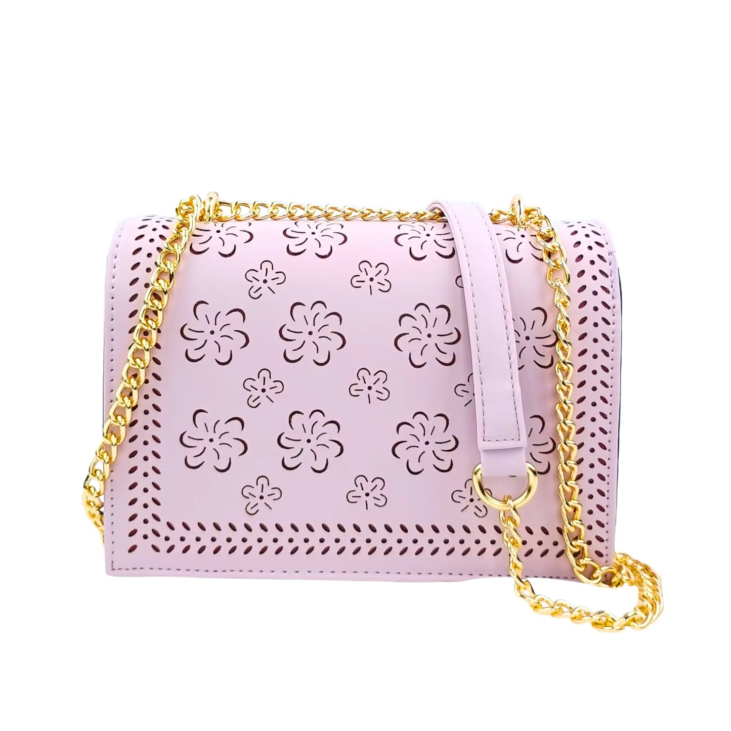 Pink handbag with floral patterns and gold chain strap on a white background