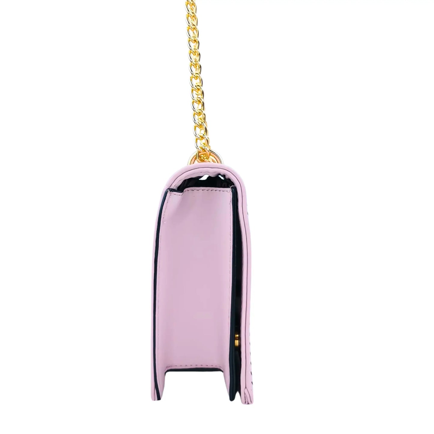 Pink handbag with a gold chain on a white background