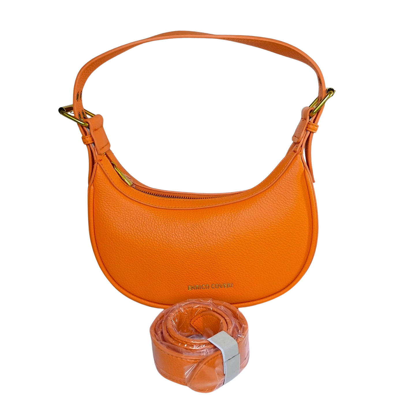 Orange handbag with matching belt on a white background