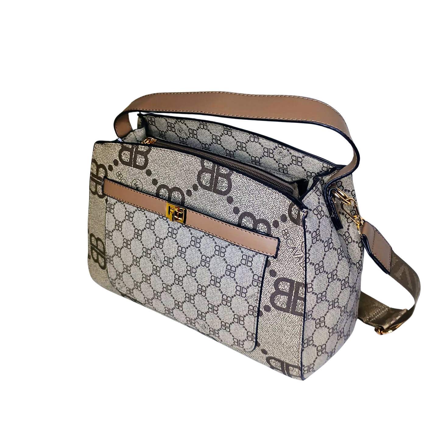 Designer handbag with patterned design and brown accents on a white background