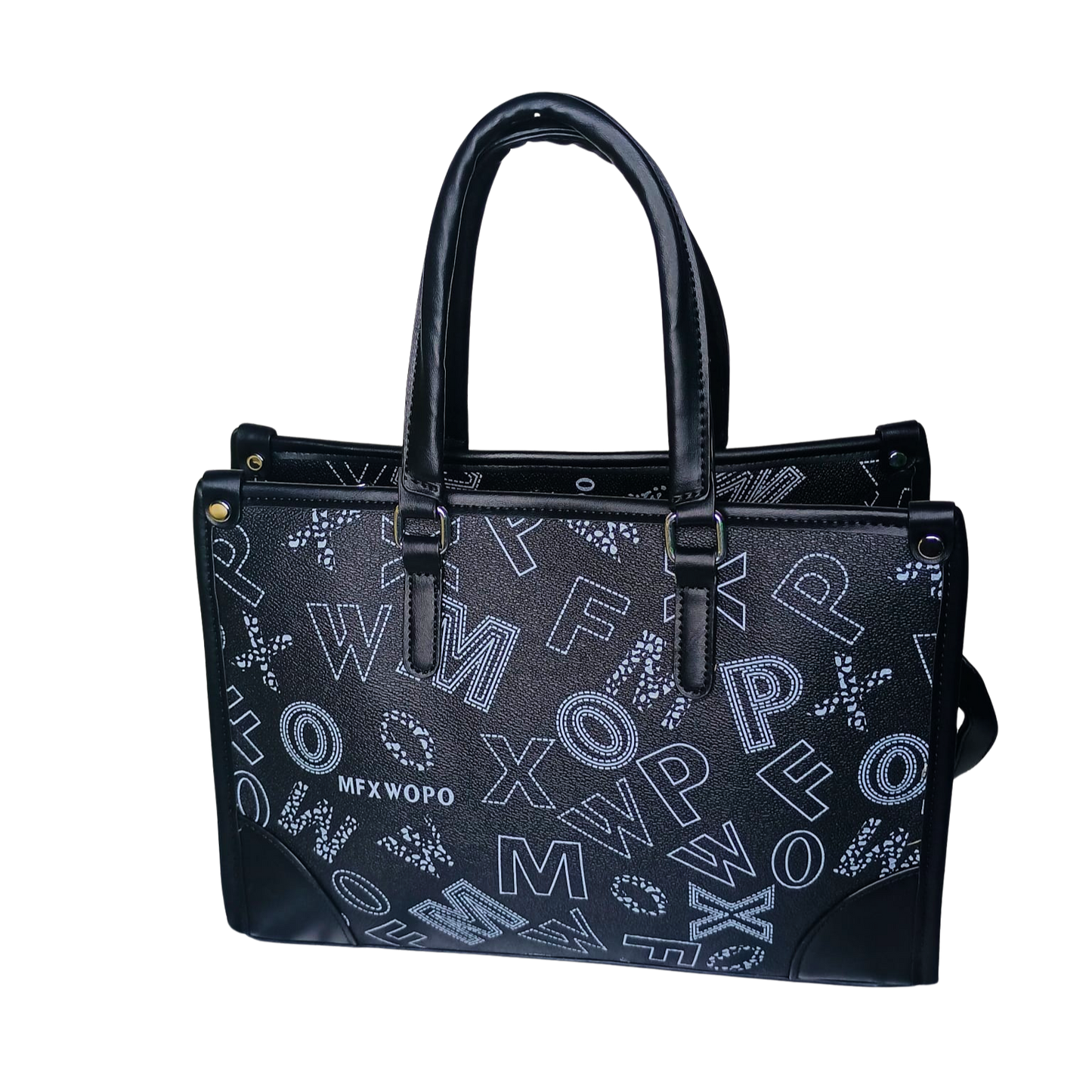 Black handbag with white lettering on a white background