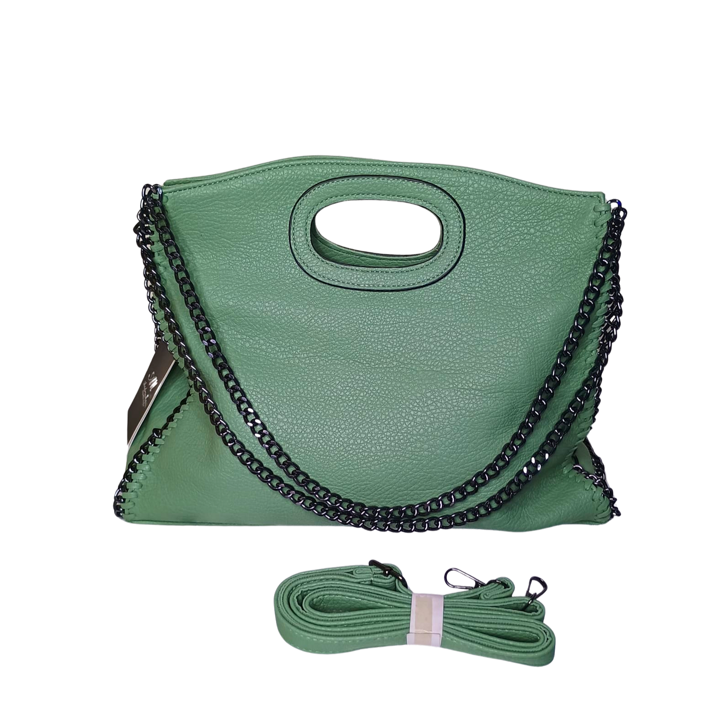 Green handbag with black chain detail on a white background