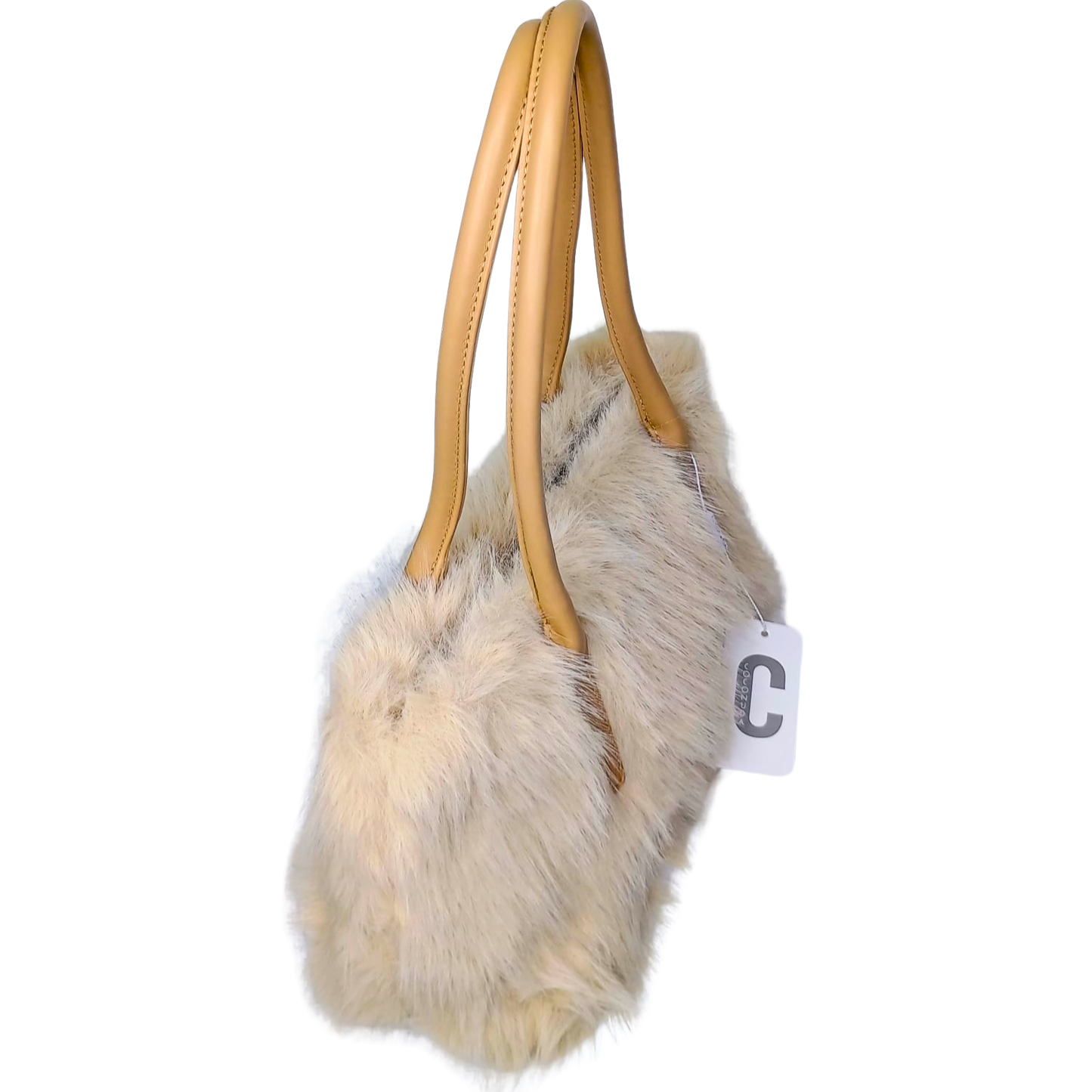 Furry handbag with beige handle on a white background