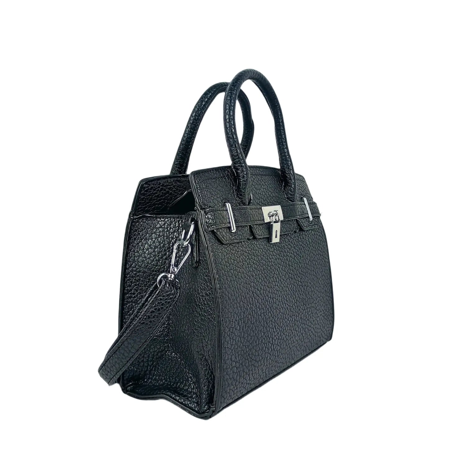 Elegant black pebbled leather handbag with dual handles, shoulder strap, and turn-lock closure