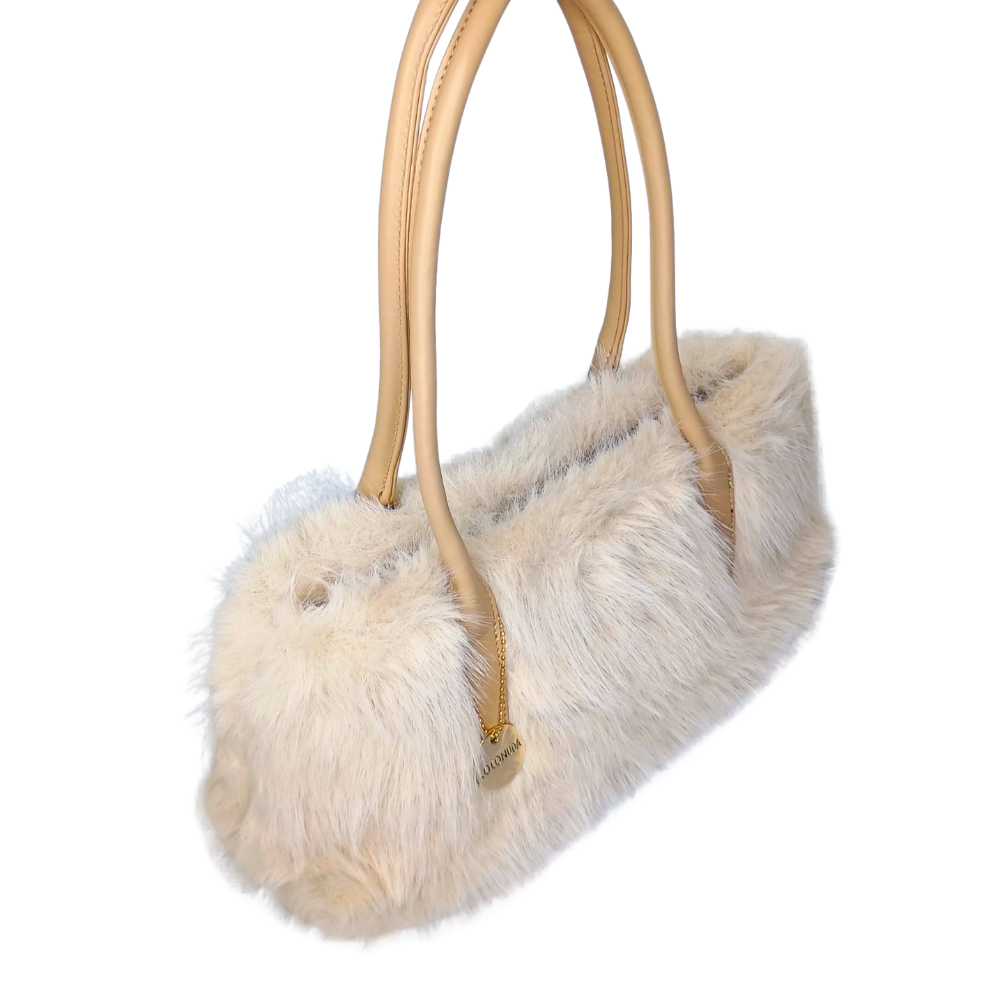 Furry handbag with gold handles on a white background
