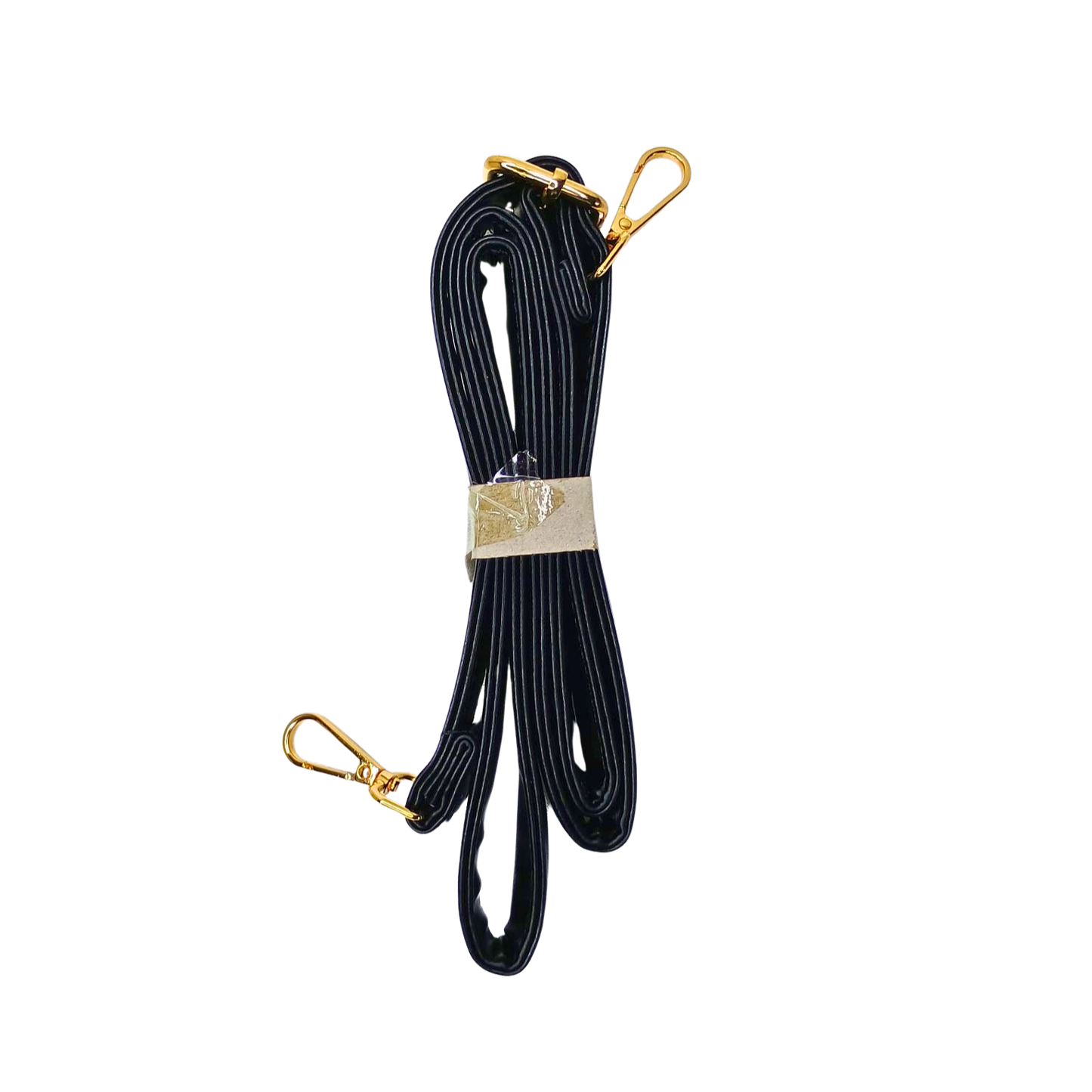 Black lanyard with gold clips on a white background