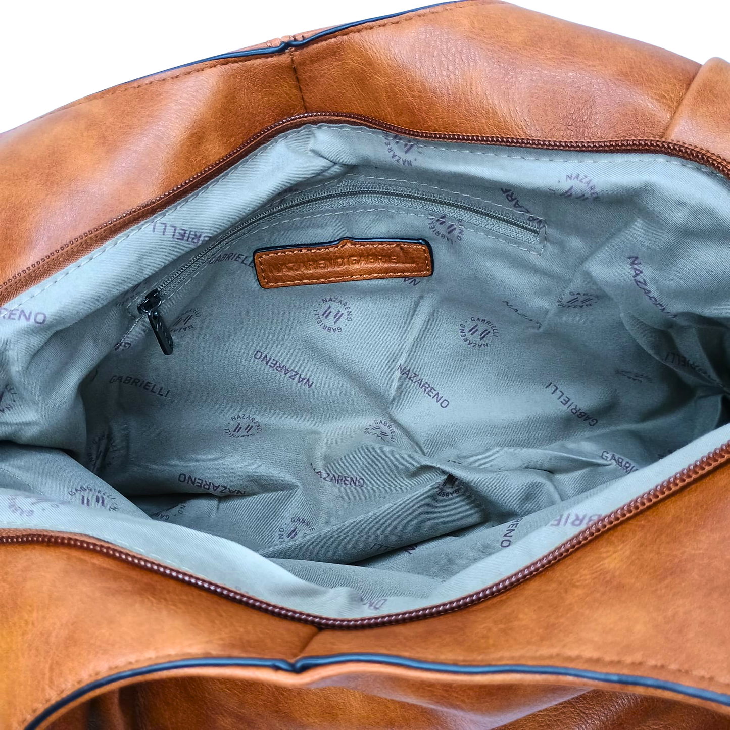 Brown leather bag with a visible brand logo on a white background