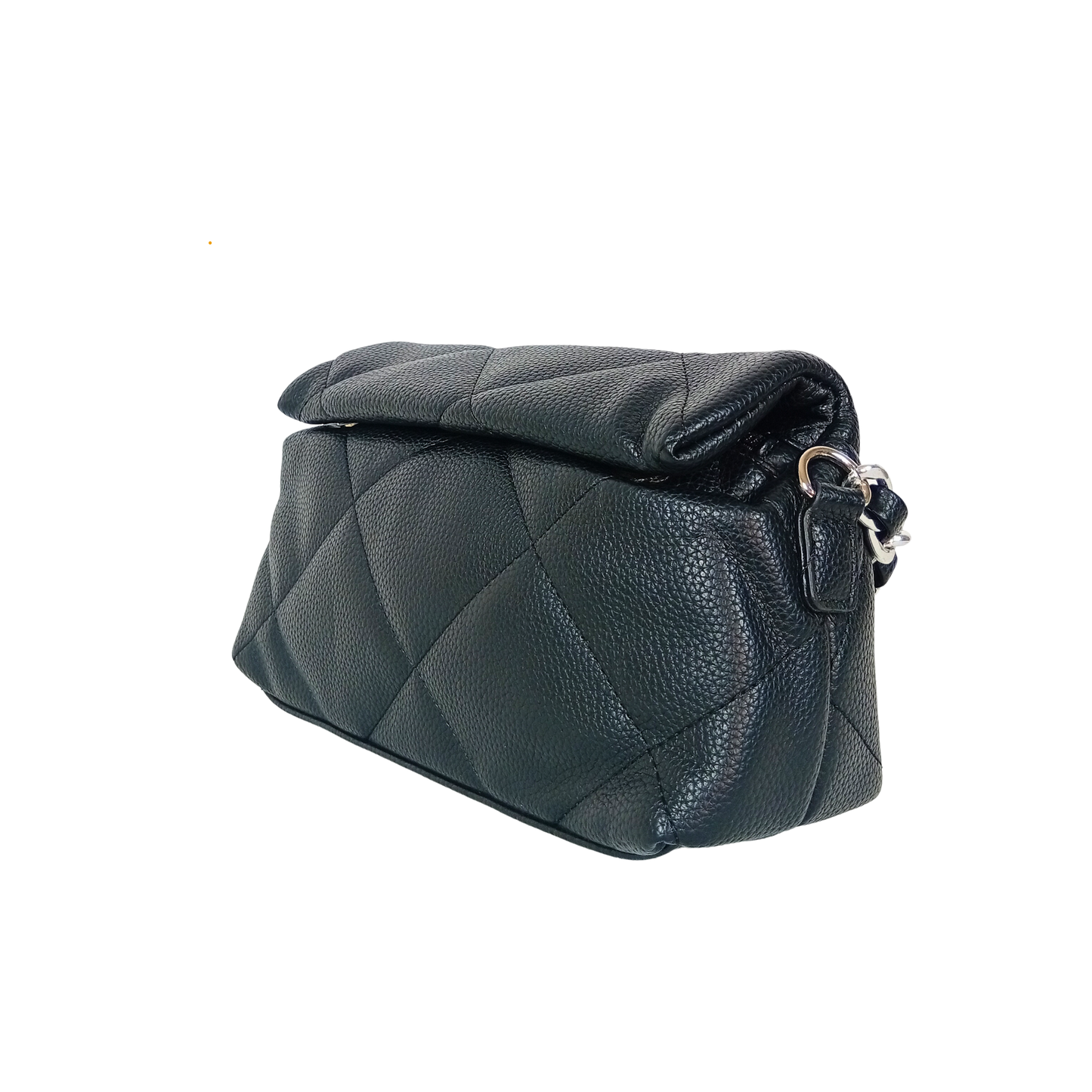Black quilted handbag on a white background