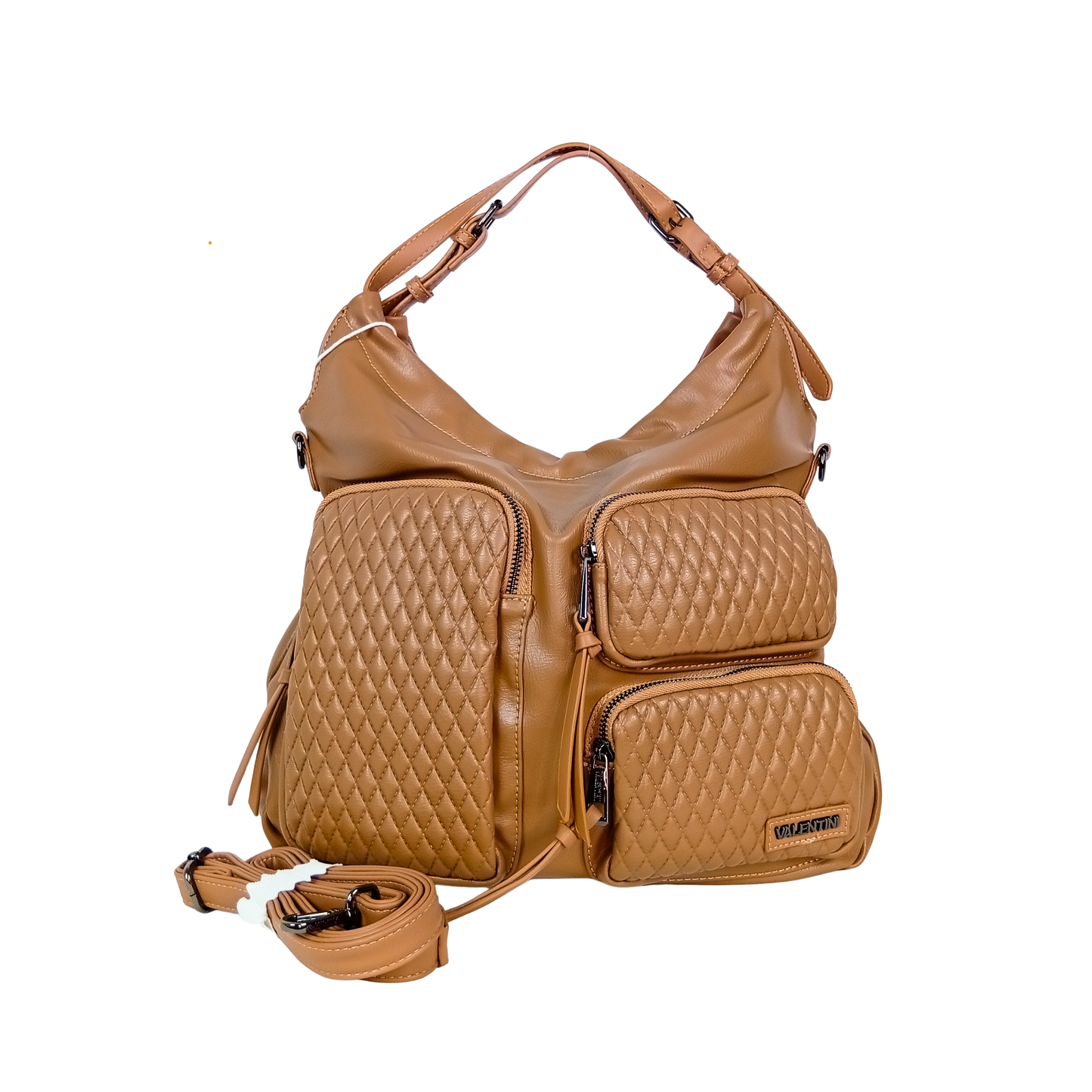Brown quilted handbag with a strap on a white background