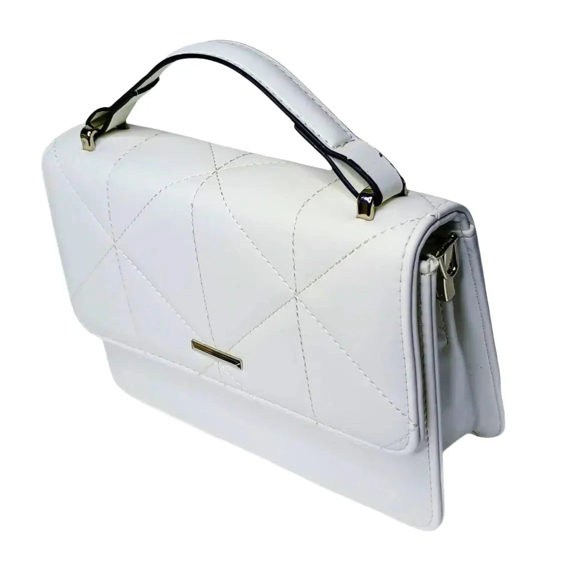 White Leather Portable Handbag for Women with Quilted Design and Top Handle