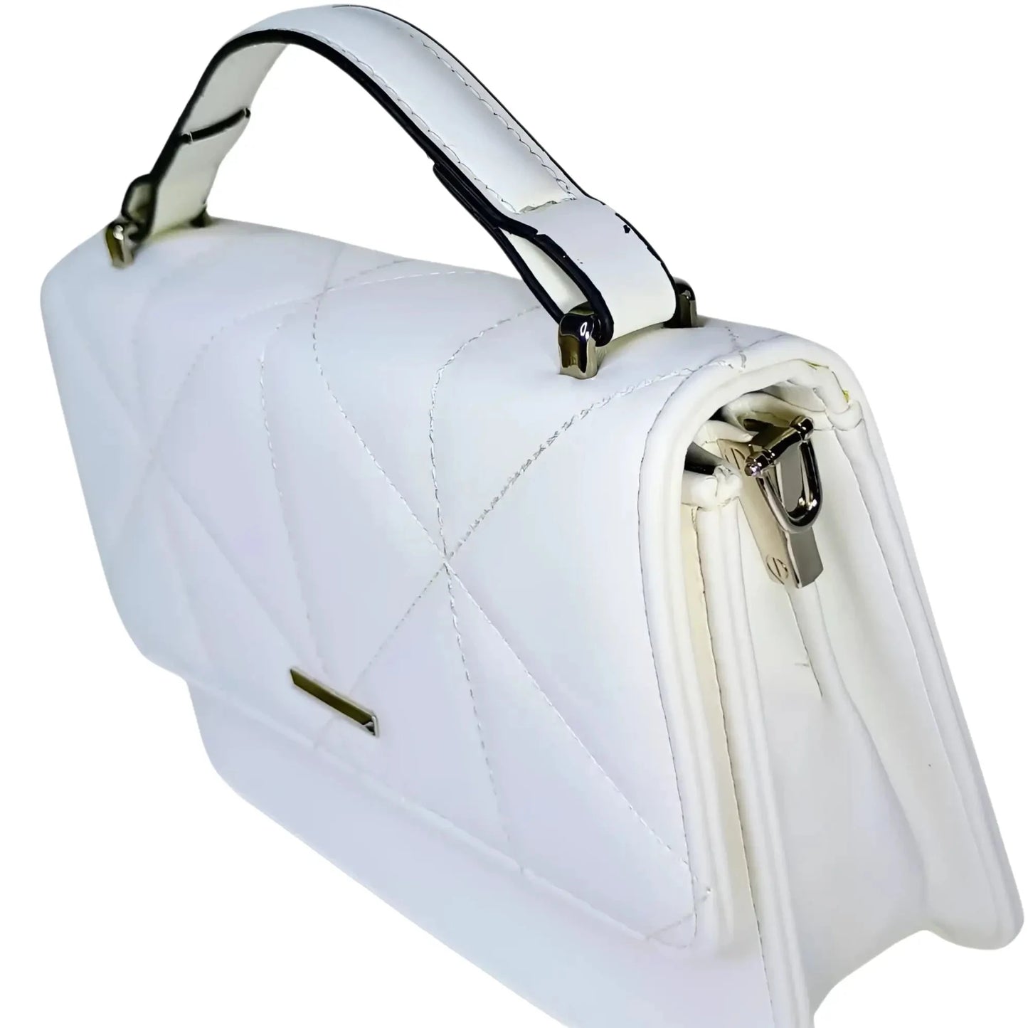 White Leather Portable Handbag for Women with Quilted Design and Top Handle