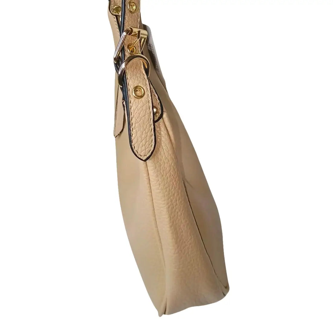 Beige handbag with gold hardware on a white background