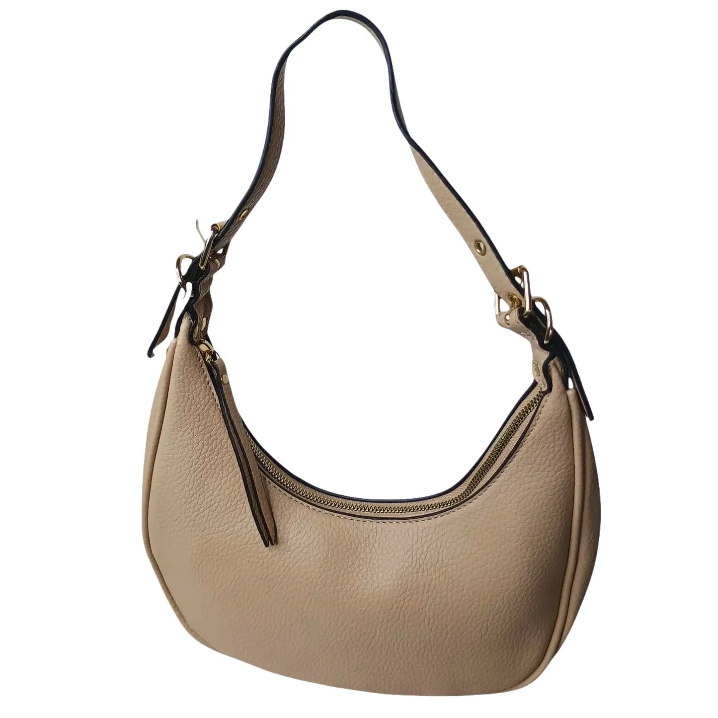 Beige handbag with black accents on a white background