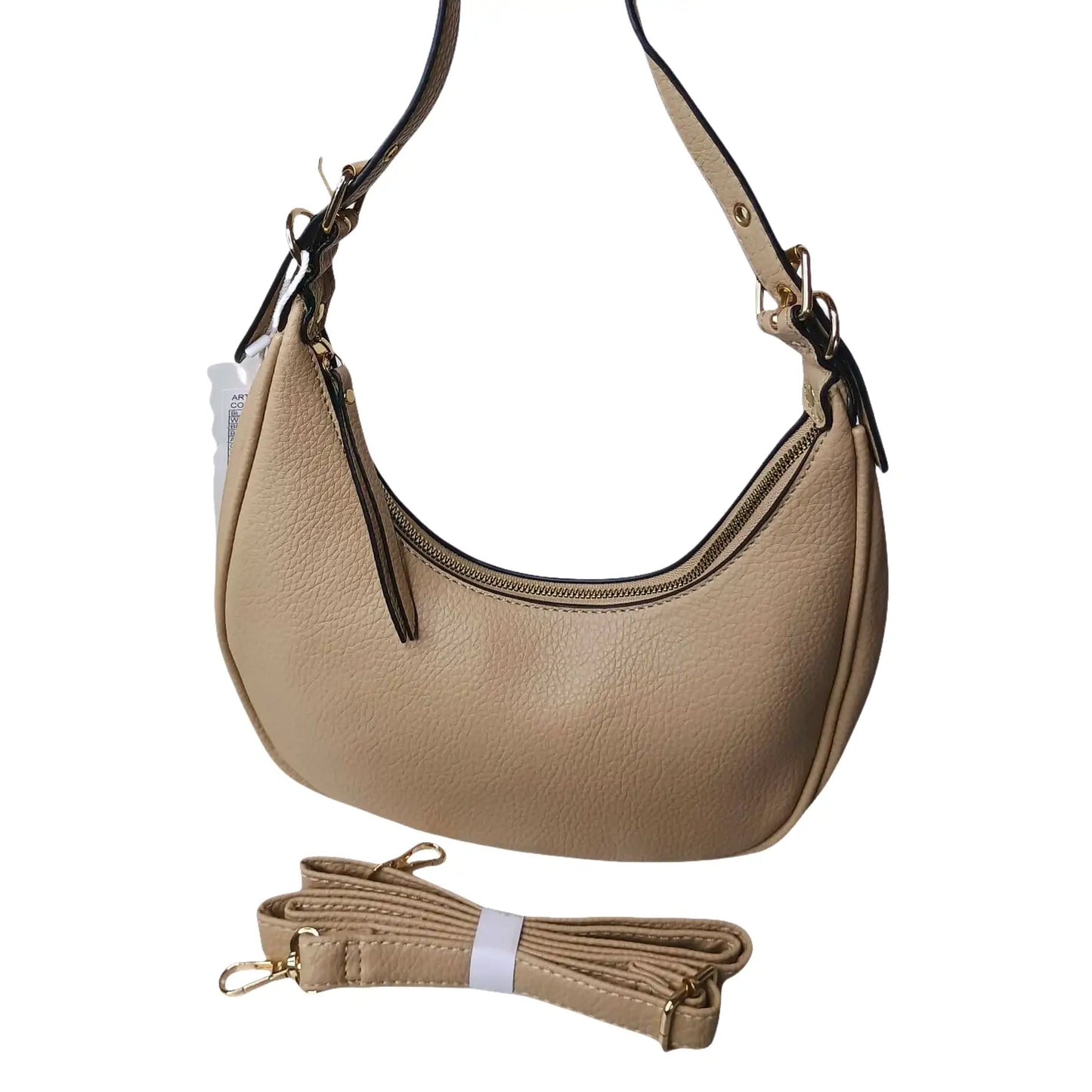 Beige handbag with matching strap on a white background