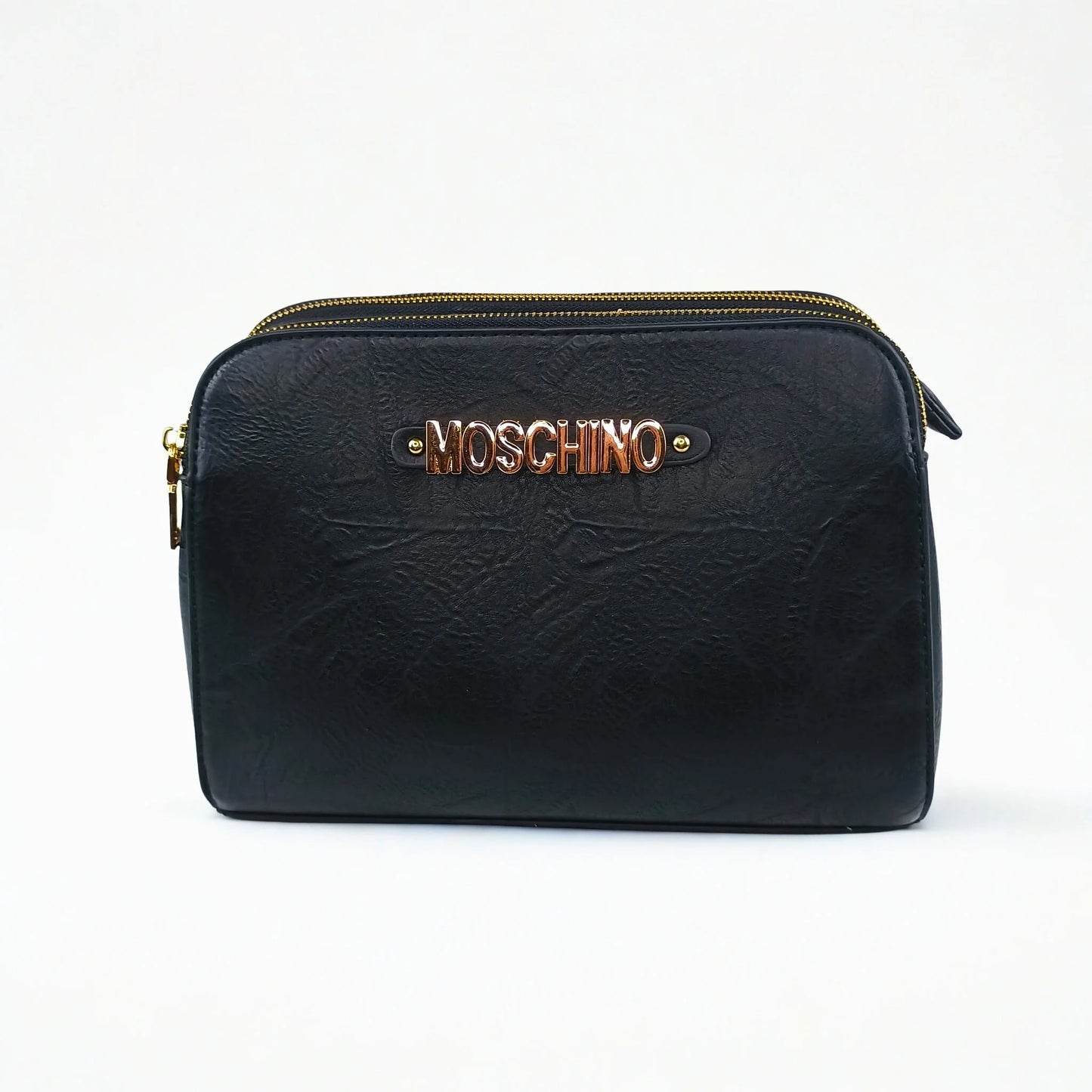 Black handbag with gold Moschino logo on a white background