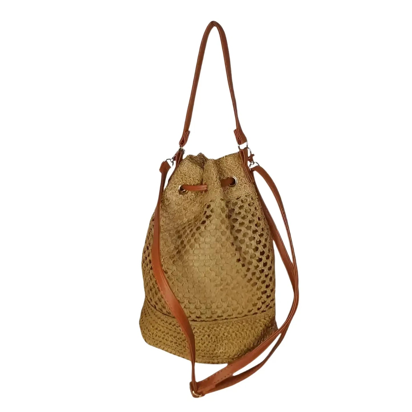 Brown Handmade Net Bucket Bag with Leather Straps