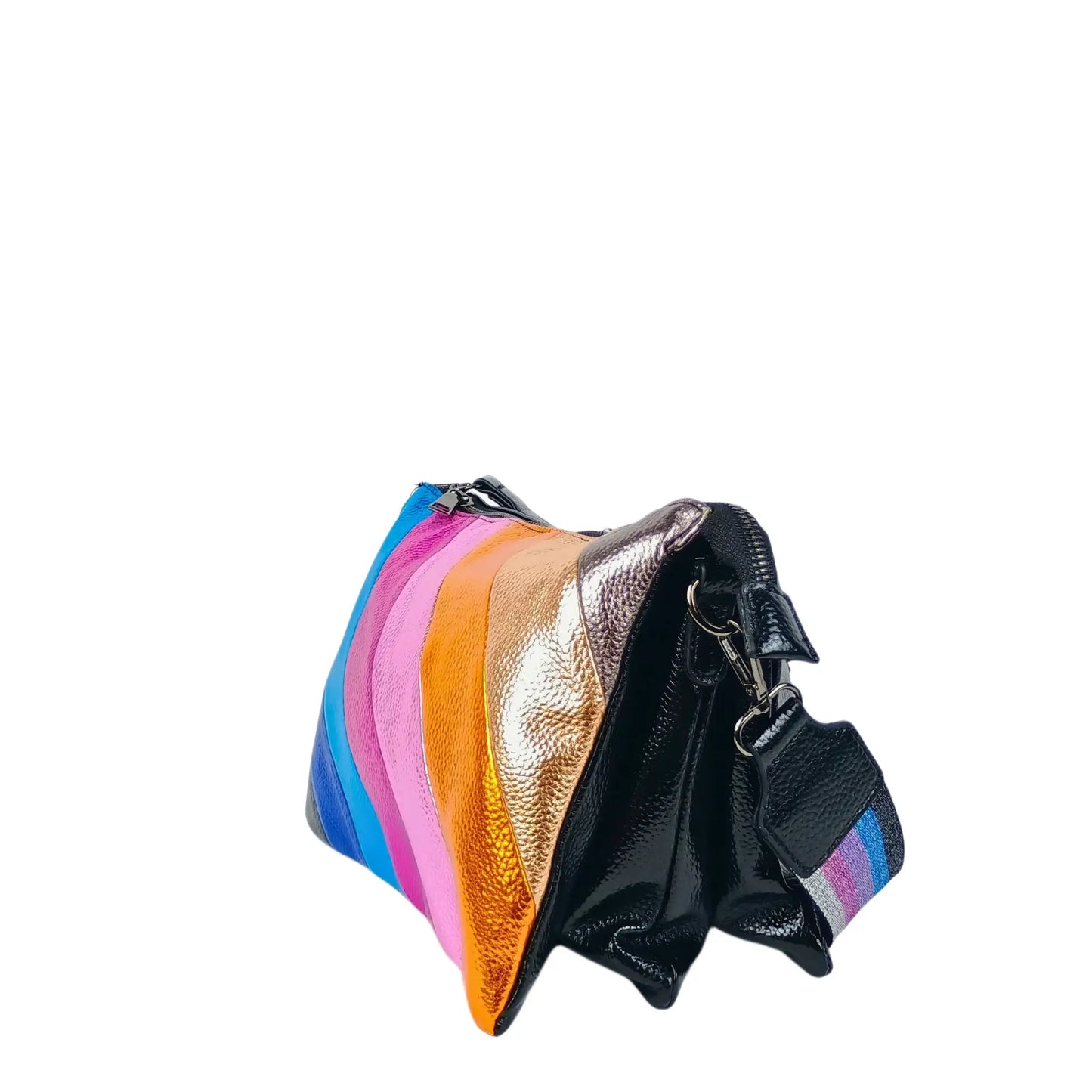 Colorful Rainbow Leather Crossbody Bag with Metallic Stripes and striped fabric strap