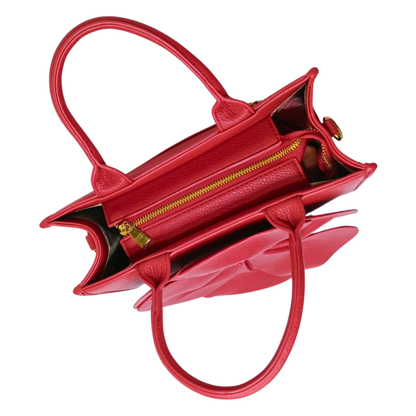 Red handbag with gold zipper on a white background