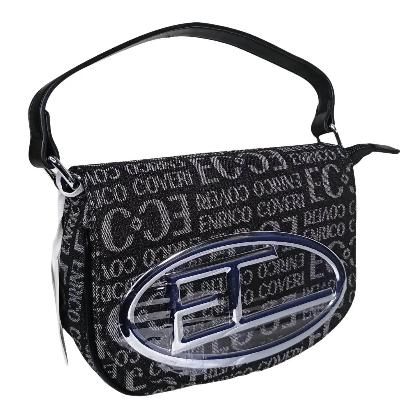 Coveri Black and Gray Patterned Shoulder Bag with Silver Logo