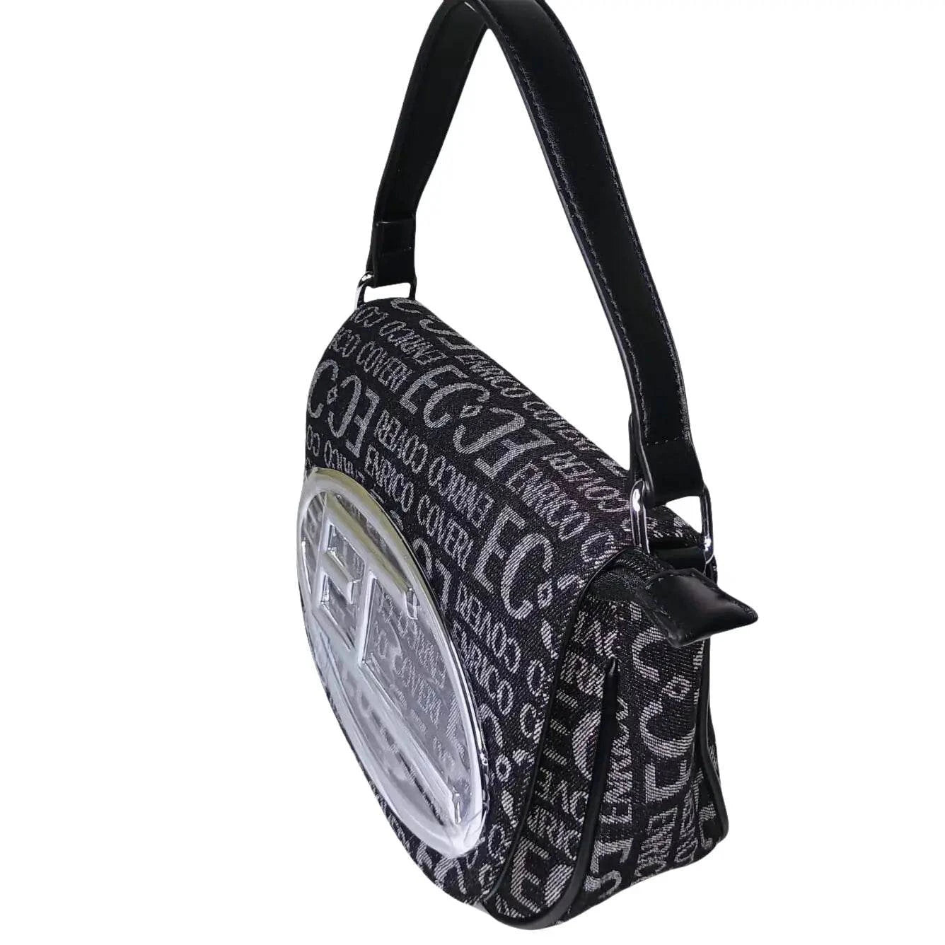 Coveri Black and Gray Patterned Shoulder Bag with Silver Logo