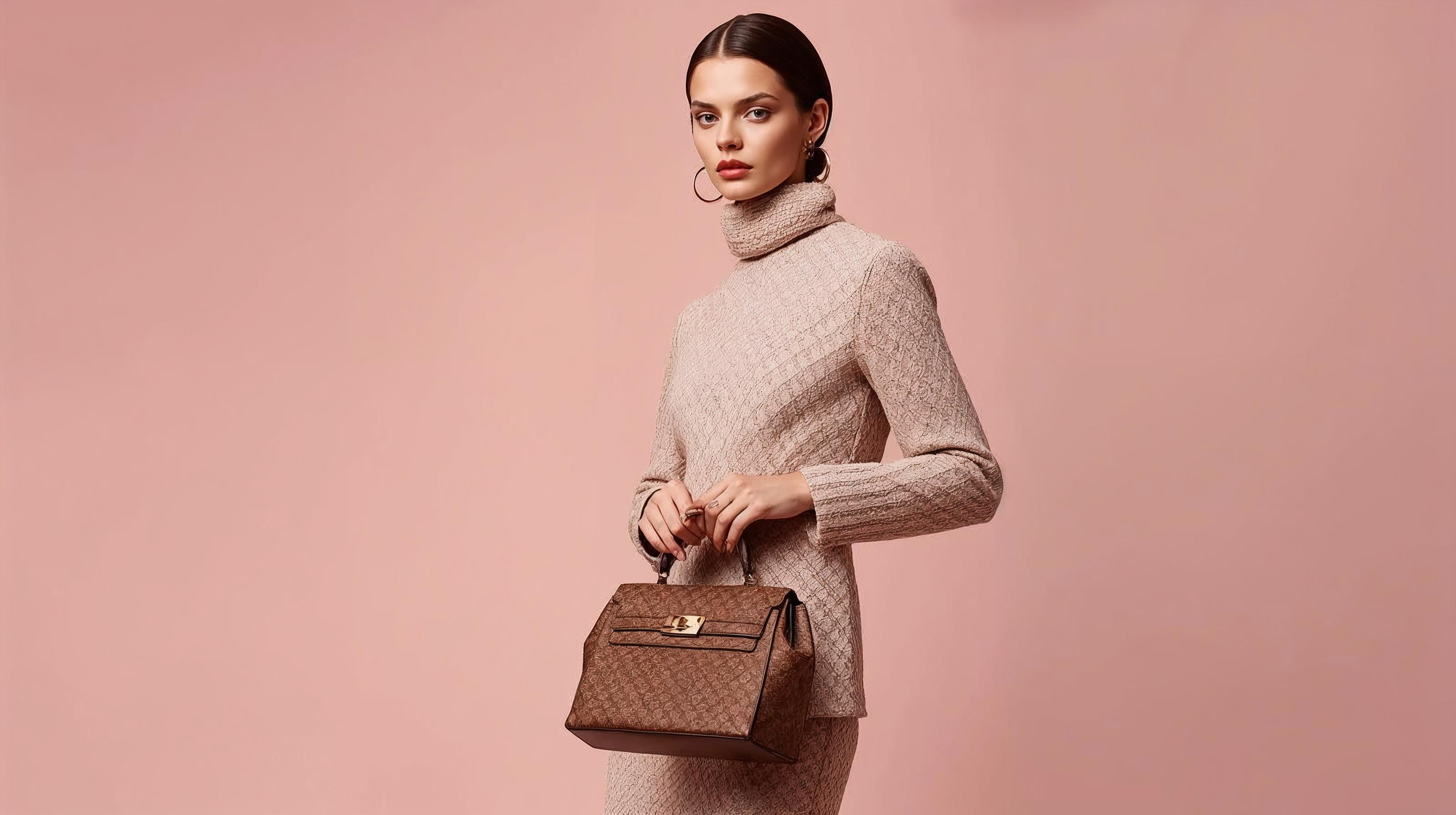Woman holding a brown handbag against a pink background