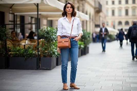 Borsa cuoio tan con patta rettangolare e hardware oro per abbinamenti eleganti