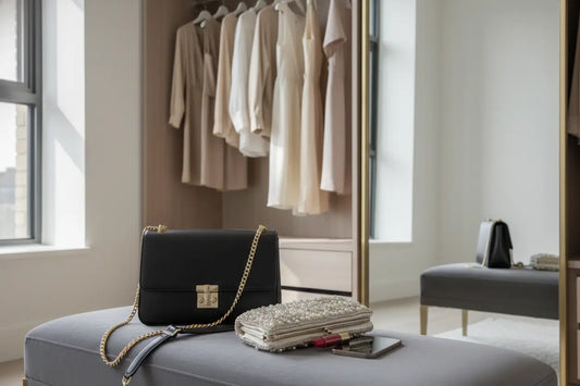 Borsa tracolla elegante in pelle nera con dettagli metallici oro e catena