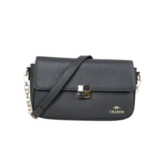 Borsa crossbody in pelle nera ciottolata con catena dorata, elegante borsa per uso quotidiano