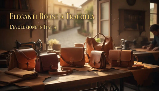 Collezione eleganti borse a tracolla in materiali pregiati su banco da lavoro