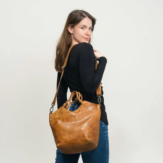 Borsa da donna in pelle tan con manici intrecciati, per acquistare borse in Italia