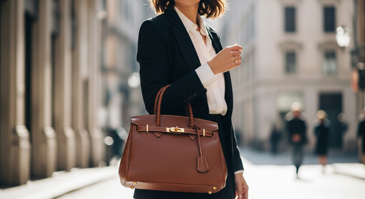 Elegante donna con borsa a tracolla in pelle marrone, un accessorio di moda italiano raffinato e versatile.