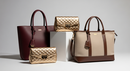Eleganti borse da donna (tote, clutch, shopper) in pelle di vari colori, esposte professionalmente. Riflettono stile e qualità.