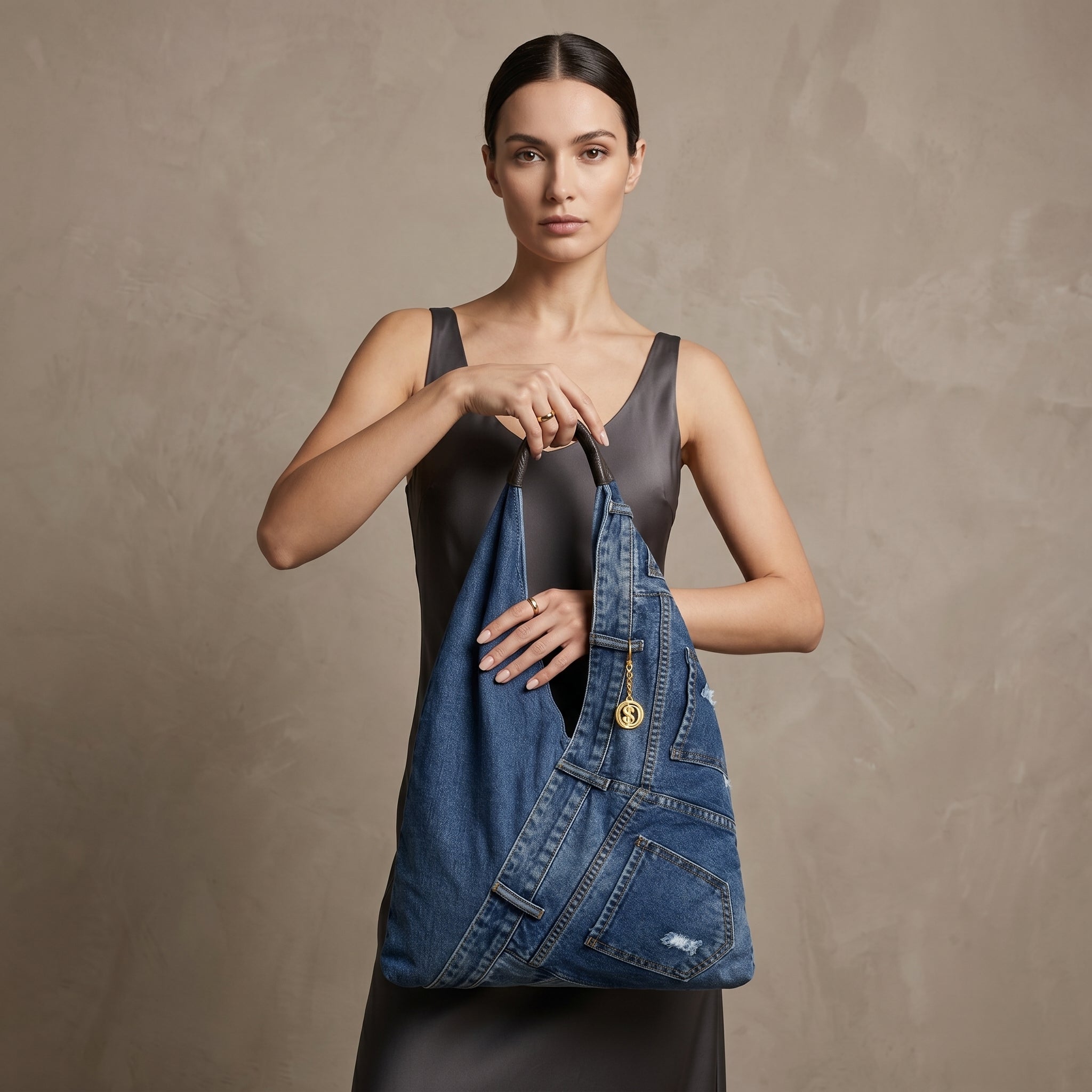Borsa tote in denim blu con grafiche gialle e bianche, stile donna bags