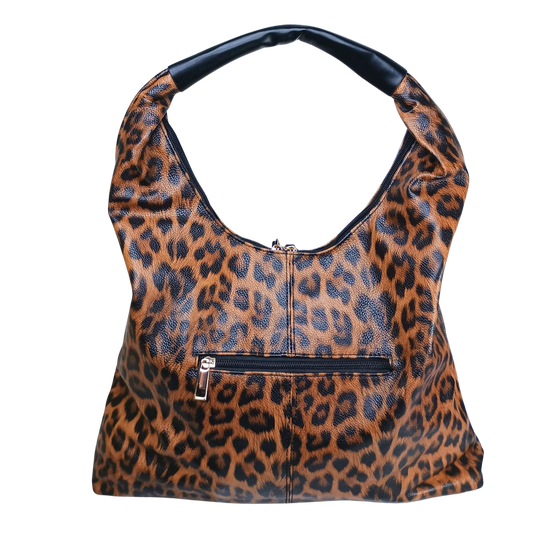 Leopard print handbag with a black handle on a white background