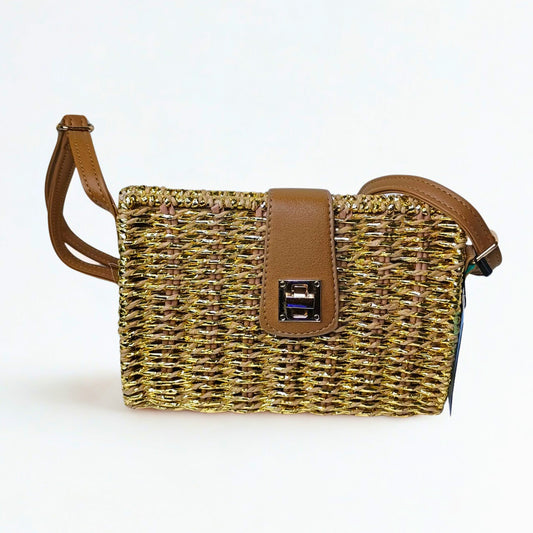 Woven handbag with brown leather accents on a white background