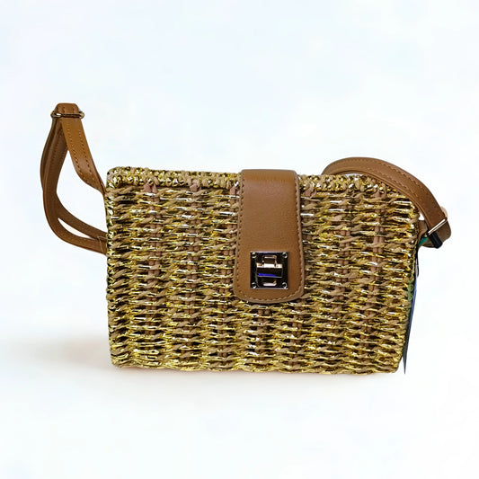 Woven handbag with brown leather accents on a white background