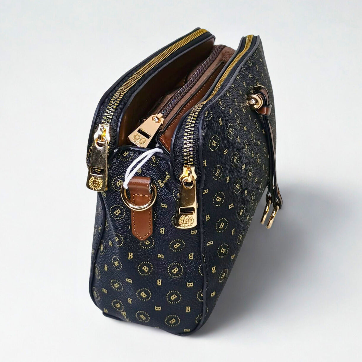 Navy blue handbag with gold accents on a white background