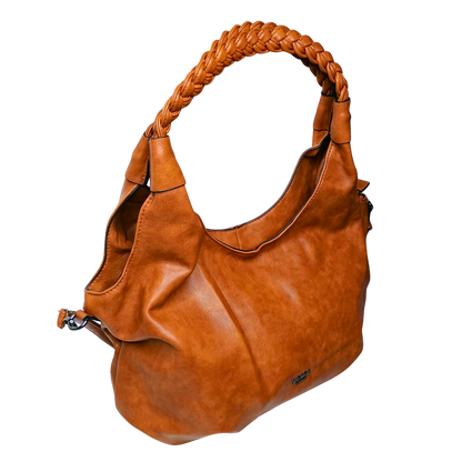 Brown leather handbag with braided handle on a white background