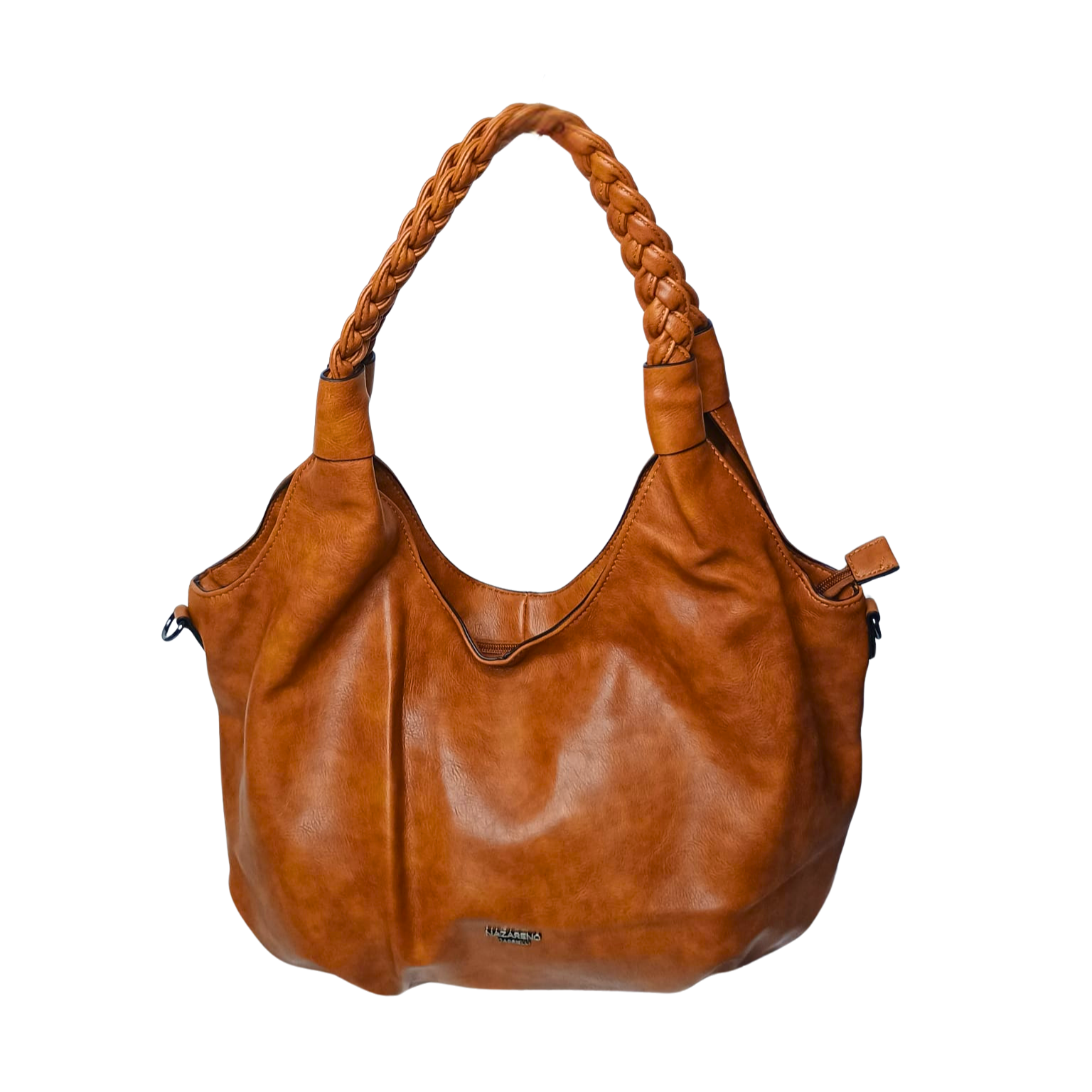 Brown leather handbag with braided handle on a white background