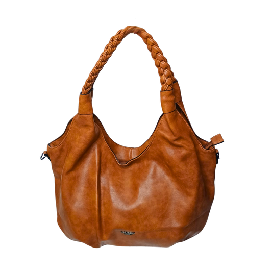 Brown leather handbag with braided handle on a white background