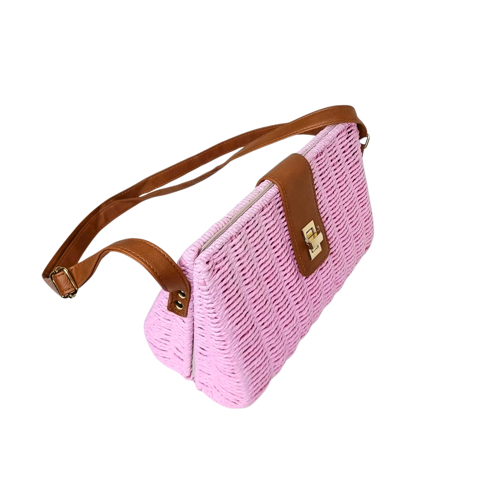 Pink woven handbag with brown strap and accents on a white background