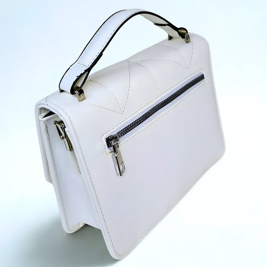 White handbag with a zipper on a light blue background