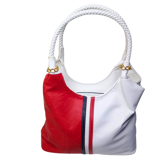 Handbag with red and white design on a white background
