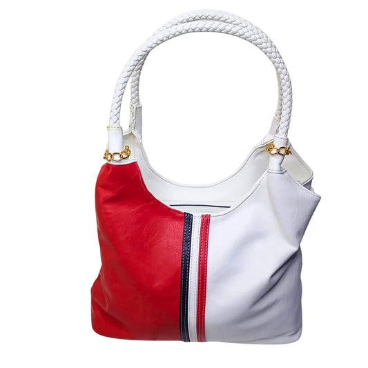 Handbag with red and white design on a white background