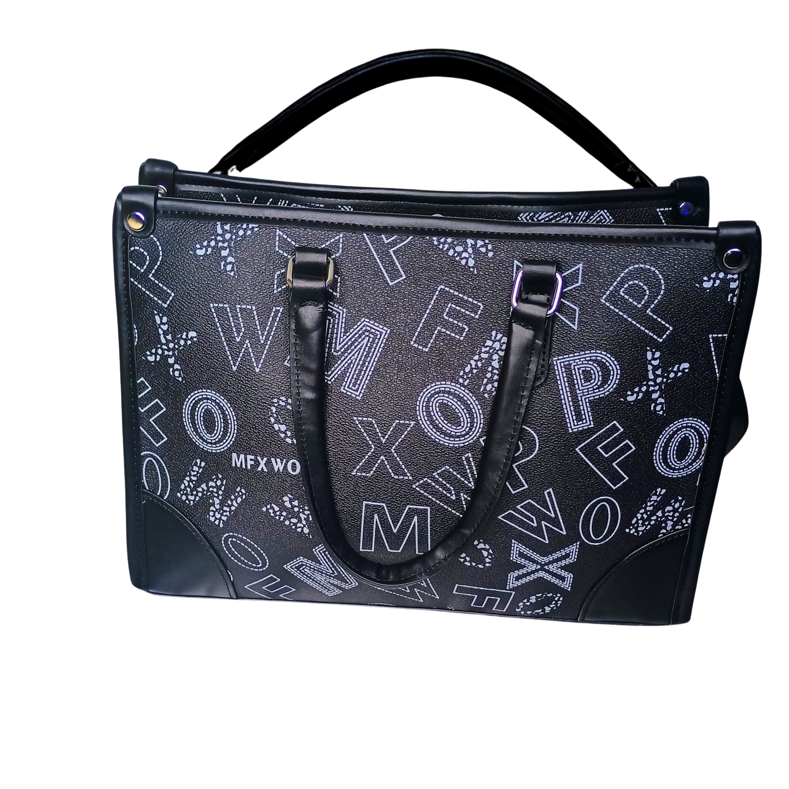 Black handbag with white lettering on a white background